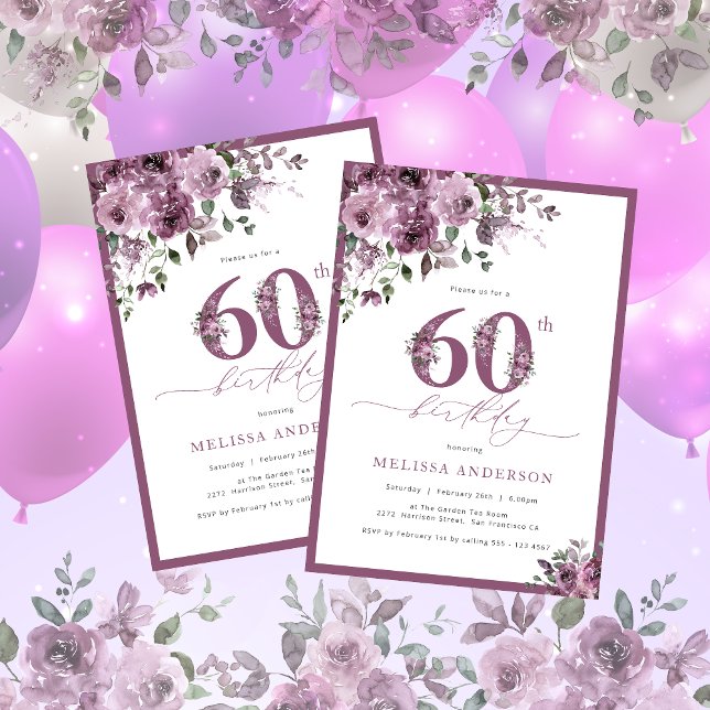 Elegant Purple Floral 60th Birthday Invitation (Creator Uploaded)