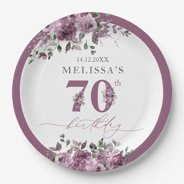 Elegant Purple Floral 70th Birthday Paper Plate (Front)