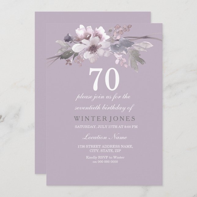 Elegant Purple Floral 70th Birthday Party Invite (Front/Back)