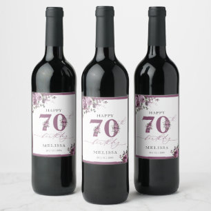 Elegant Purple Floral 70th Birthday Party Wine Label