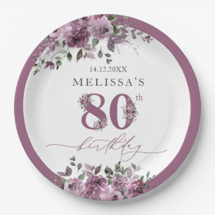 Elegant Purple Floral 80th Birthday Paper Plate