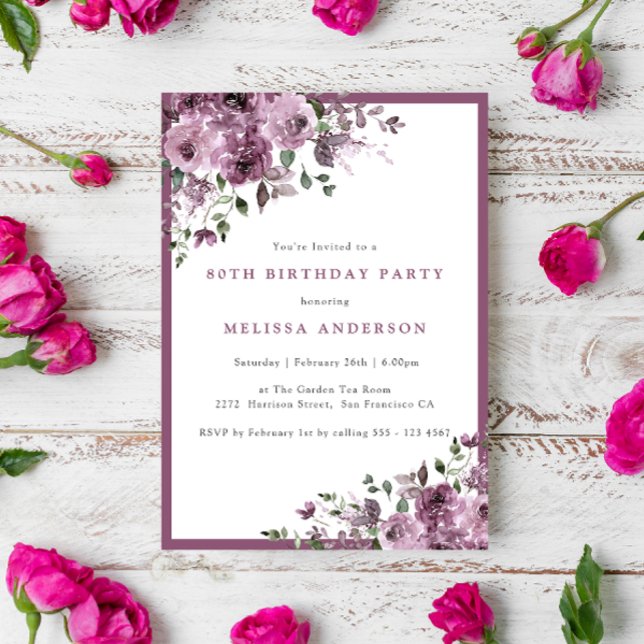 Elegant Purple Floral 80th Birthday Party Invitation (Creator Uploaded)