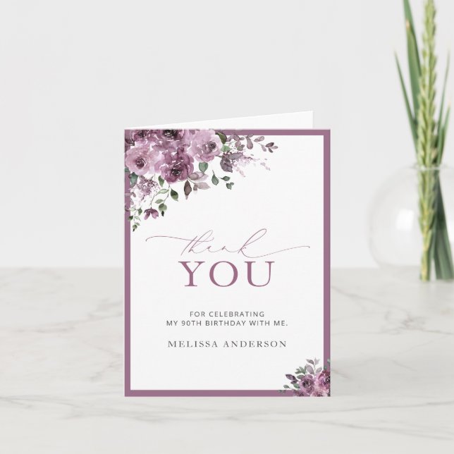 Elegant Purple Floral 90th Birthday Thank You Card (Front)