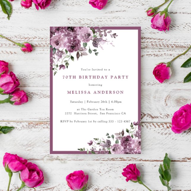 Elegant Purple Floral Any Age Birthday Party Invitation (Creator Uploaded)