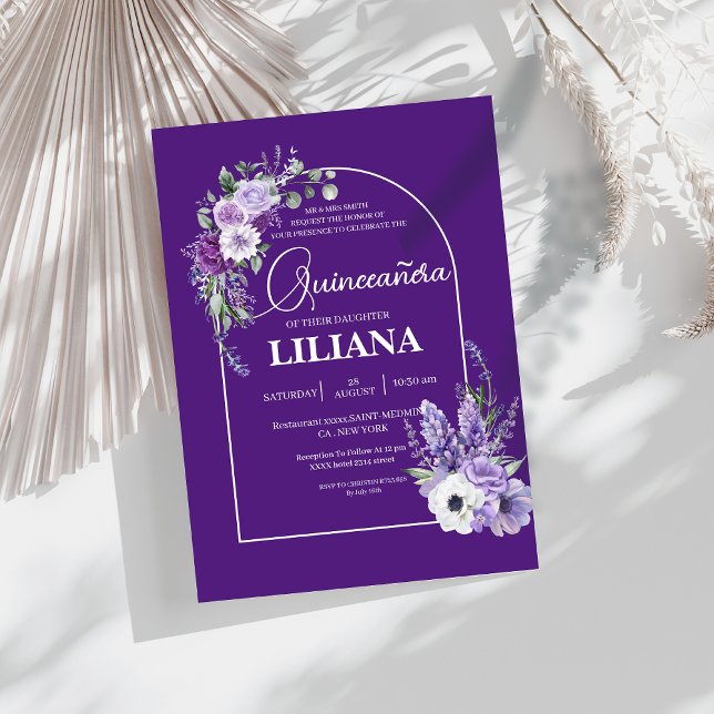 Elegant Purple Floral Arch Lavender Quinceañera  Invitation (Creator Uploaded)