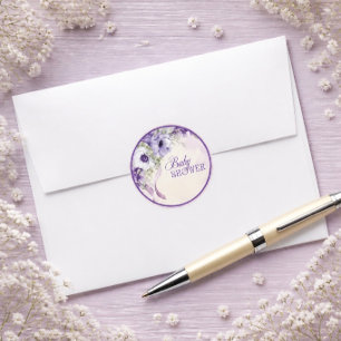 Elegant Purple Floral Baby Shower Classic Round Sticker