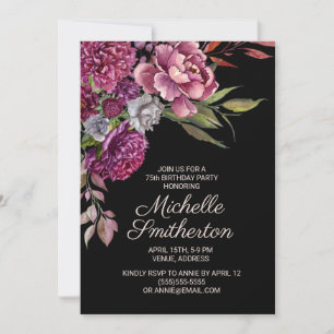 Elegant Purple Floral Black 75th Birthday   Invitation
