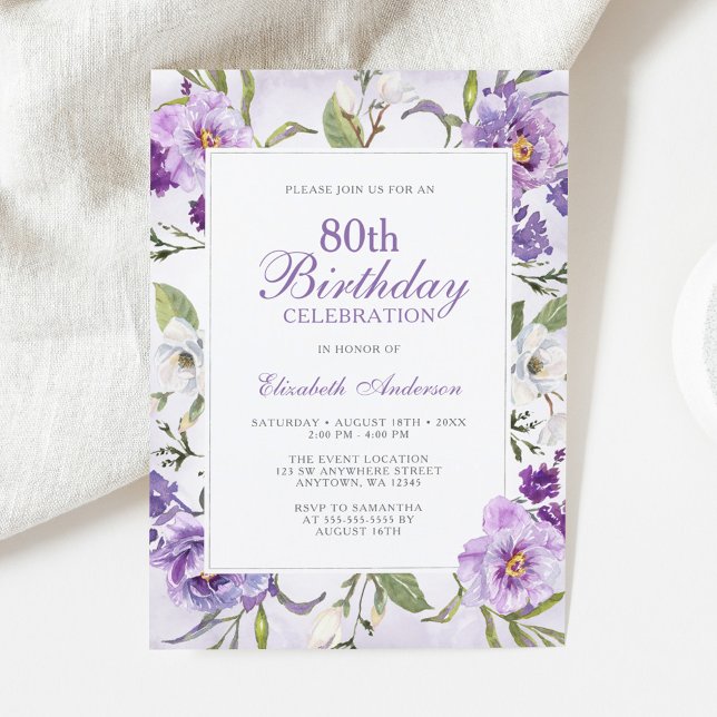 Elegant Purple Floral Botanical 80th Birthday Invitation (Creator Uploaded)