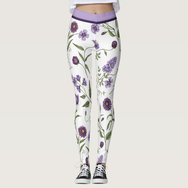 Elegant Purple Floral Botanical with High Waist Leggings (Front)