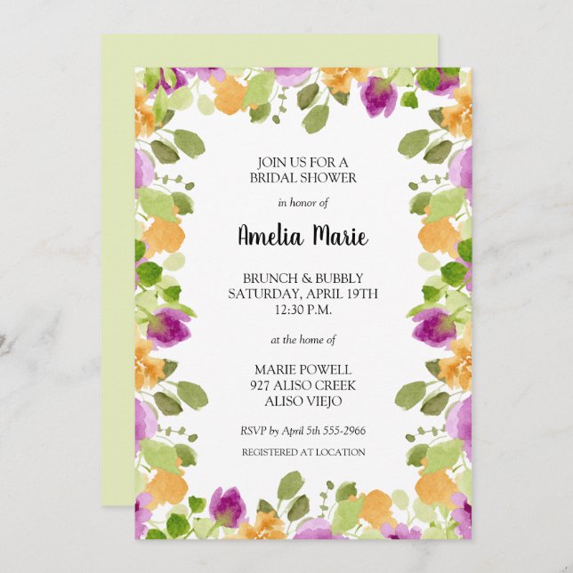 Elegant Purple Floral Bridal Shower Invitation (Front/Back)