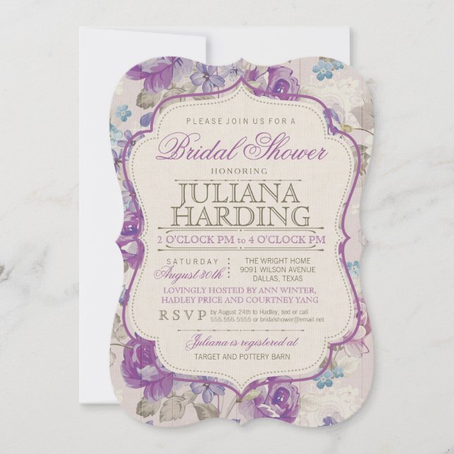 Elegant Purple Floral Bridal Shower Invitation (Front)