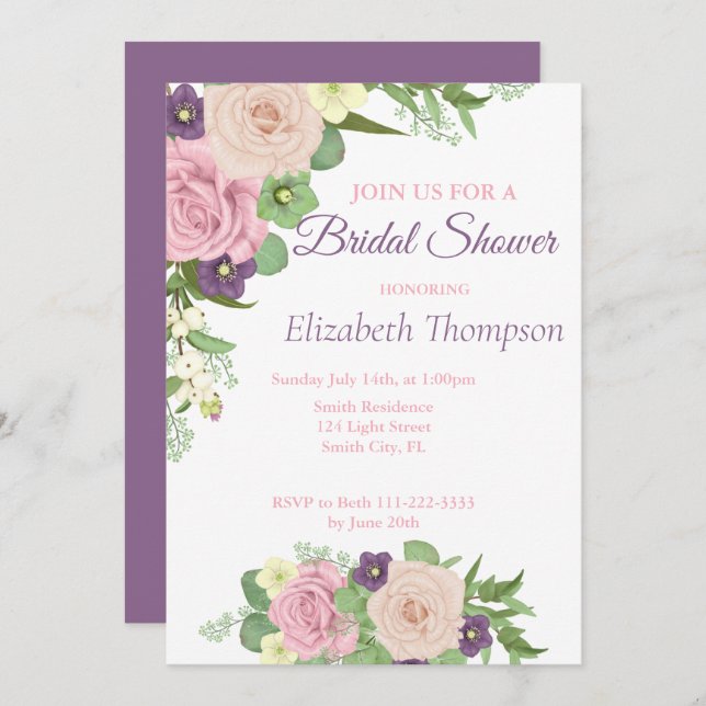 Elegant Purple Floral Bridal Shower Invitation (Front/Back)