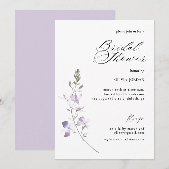 Elegant Purple Floral Bridal Shower Invitation (Front/Back)