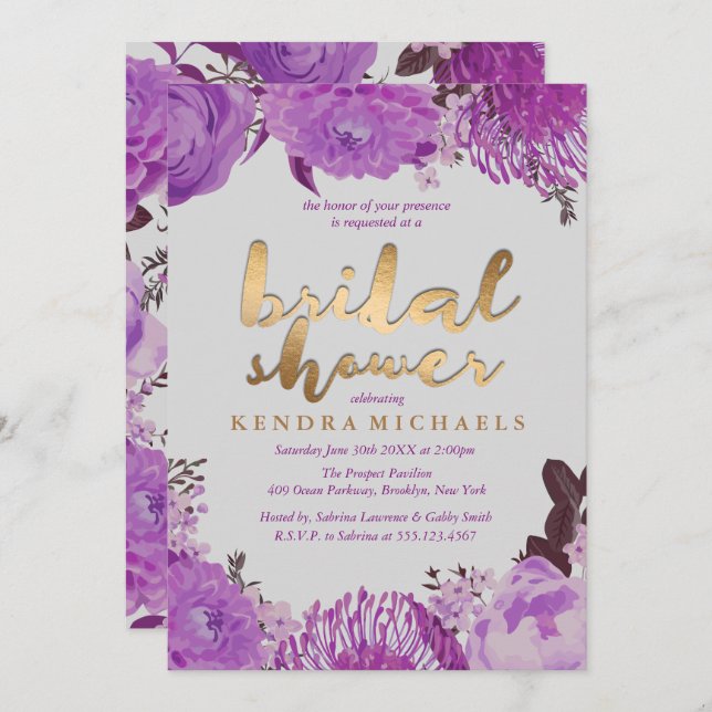 Elegant Purple Floral Bridal Shower Invitations (Front/Back)