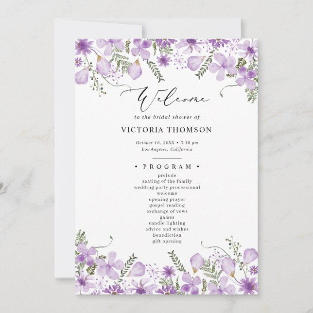 Elegant Purple Floral Bridal Shower Program (Front)