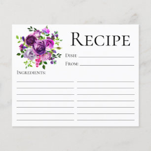 Elegant Purple Floral Bridal Shower Recipe Card