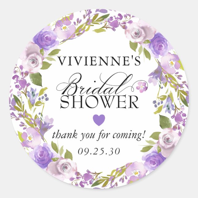 Elegant Purple Floral Bridal Shower Thank You Classic Round Sticker (Front)