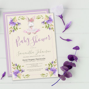 Elegant Purple Floral & Bunny Girl Baby Shower Invitation