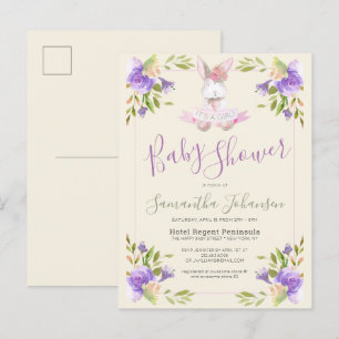 Elegant Purple Floral & Bunny Girl Baby Shower Invitation Postcard
