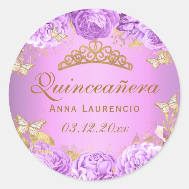 Elegant Purple Floral Butterflies Quinceanera Classic Round Sticker (Front)
