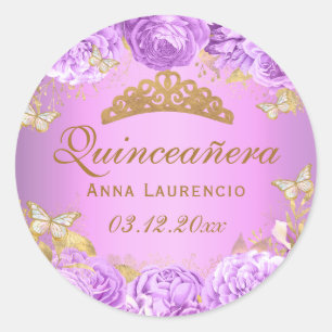 Elegant Purple Floral Butterflies Quinceanera Classic Round Sticker