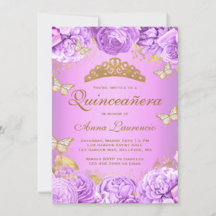 Elegant Purple Floral Butterflies Quinceanera Invitation