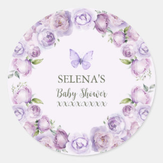 Elegant Purple Floral Butterfly Baby Shower Classic Round Sticker