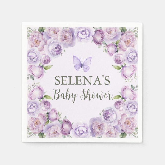Elegant Purple Floral Butterfly Baby Shower Napkin (Front)