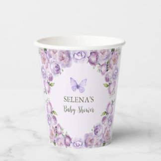 Elegant Purple Floral Butterfly Baby Shower Paper Cups