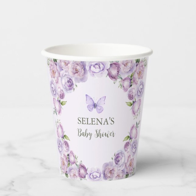 Elegant Purple Floral Butterfly Baby Shower Paper Cups (Front)