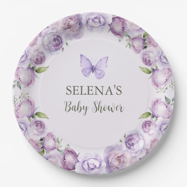 Elegant Purple Floral Butterfly Baby Shower Paper Plate (Front)