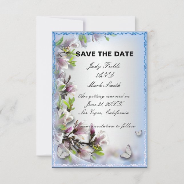 Elegant Purple Floral Butterfly Save The Date Card (Front)