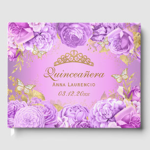 Elegant Purple Floral Butterfly Themed Quinceanera Guest Book