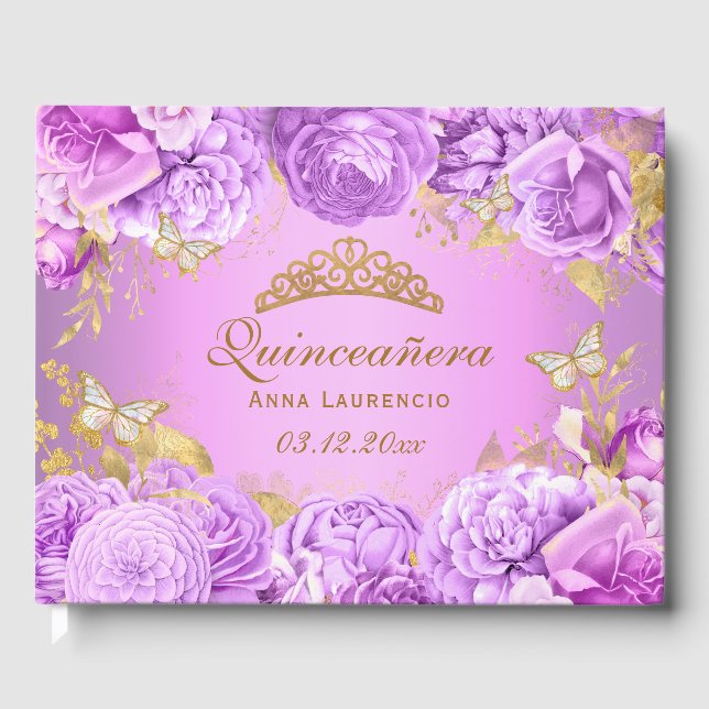 Elegant Purple Floral Butterfly Themed Quinceanera Guest Book (Front)