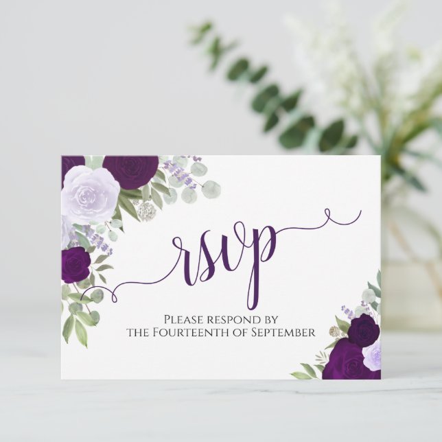 Elegant Purple Floral Calligraphy Wedding RSVP Card (Standing Front)