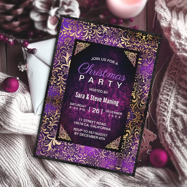 Elegant purple floral damask faux gold Christmas   Invitation (Creator Uploaded)