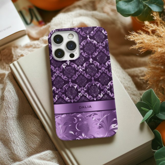 Elegant Purple Floral Damask Metallic Texture iPhone Case (Creator Uploaded)
