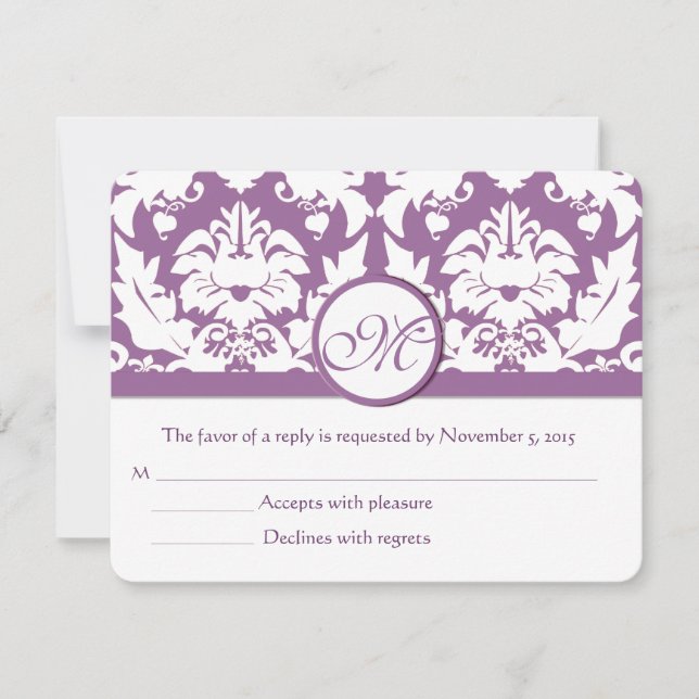 Elegant Purple Floral Damask RSVP Card (Front)