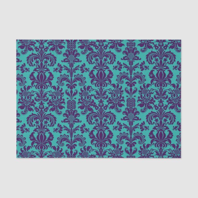 Elegant Purple Floral Damasks Teal Background Tissue Paper (Front)