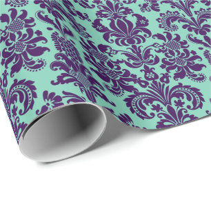 Elegant Purple Floral Damasks Teal-Green Back Wrapping Paper