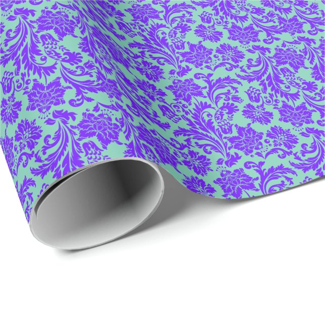 Elegant Purple Floral Damasks Teal-Green Back Wrapping Paper (Roll Corner)