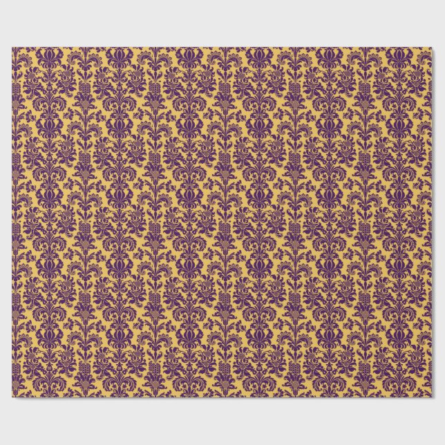 Elegant Purple Floral Damasks Yellow Background Wrapping Paper (Flat)