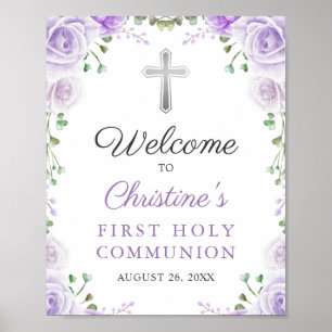 Elegant Purple Floral First Holy Communion Welcome Poster