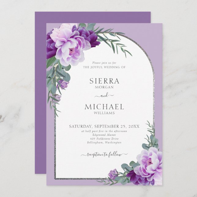 Elegant Purple Floral Foliage Silver Arch Wedding Invitation (Front/Back)