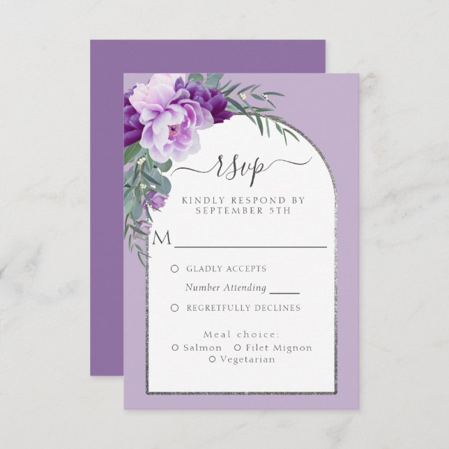 Elegant Purple Floral Foliage Silver Arch Wedding RSVP Card (Front/Back)
