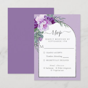 Elegant Purple Floral Foliage Silver Arch Wedding RSVP Card