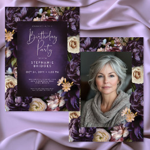 Elegant Purple Floral Frame Photo Birthday Party Invitation