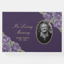 Elegant Purple Floral Funeral Photo Guest Book