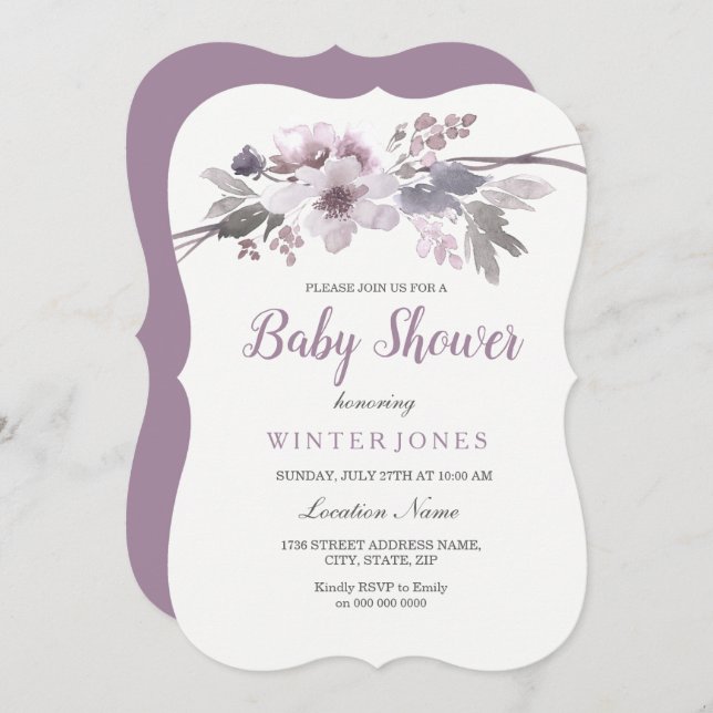 Elegant Purple Floral Girl Or Boy Baby Shower Invitation (Front/Back)