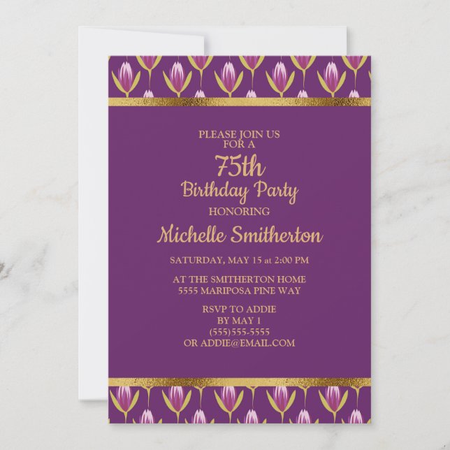 Elegant Purple Floral Gold 75th Birthday Party Invitation (Front)
